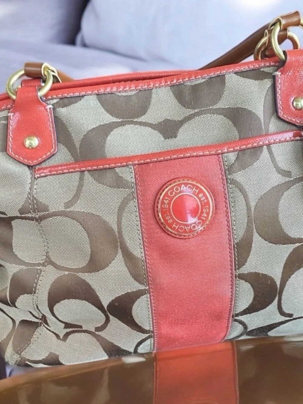 🔥SOLD🔥 Coach Brown Signature Canvas Satchel with Coral Trim - Picture 6 of 10